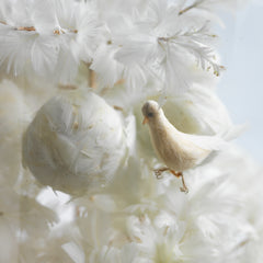 Detail of a magnificent and very large Victorian dome of beautiful feather work, housing a tree with flowers, balls, a bird and a stalk carrying a baby, all created out of intricate wire-work and white feathers.