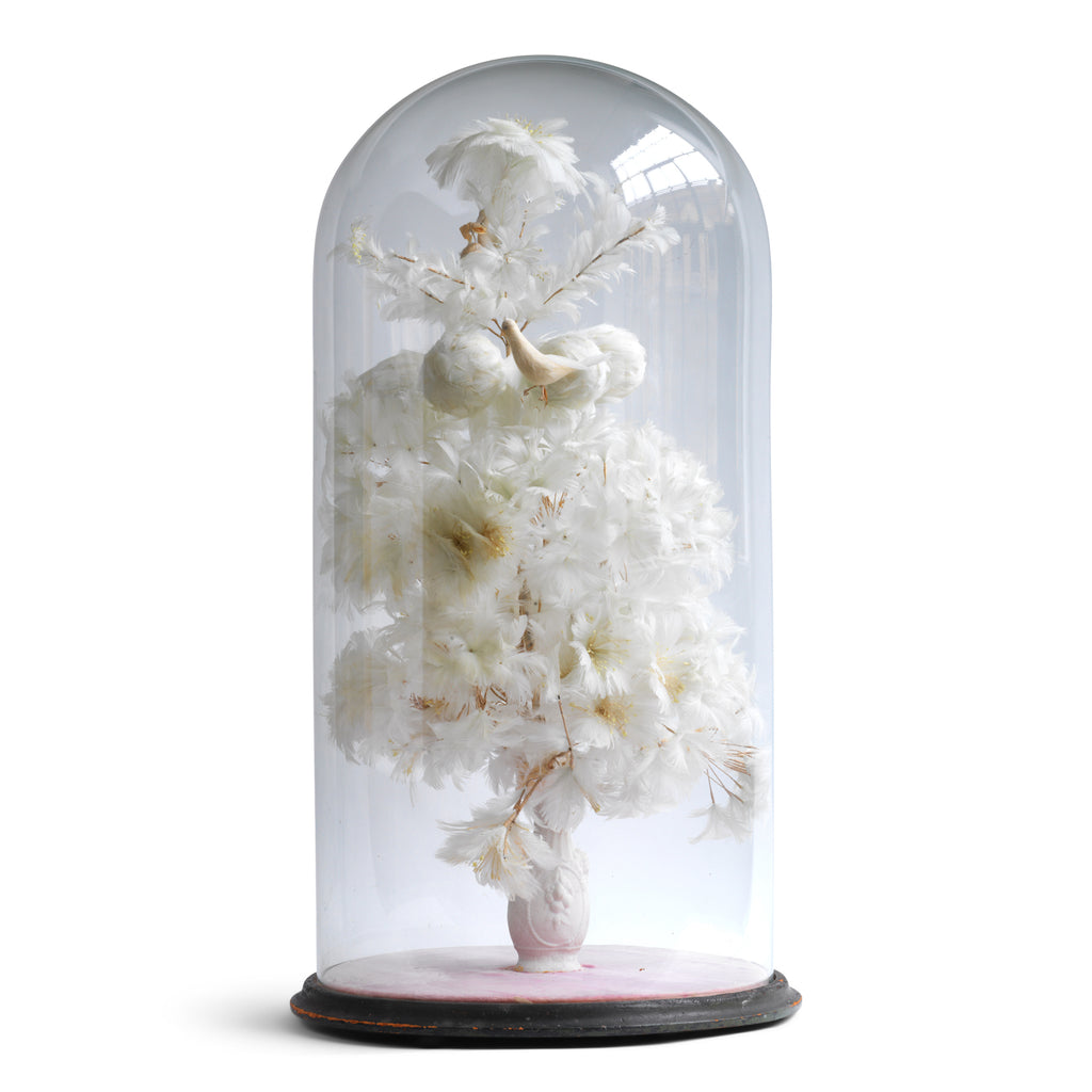 A magnificent and very large Victorian dome of beautiful feather work, housing a tree with flowers, balls, a bird and a stalk carrying a baby, all created out of intricate wire-work and white feathers.
