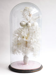 A magnificent and very large Victorian dome of beautiful feather work, housing a tree with flowers, balls, a bird and a stalk carrying a baby, all created out of intricate wire-work and white feathers.