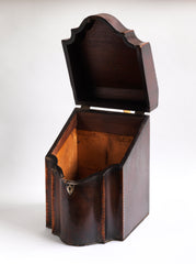 The inside of a George III mahogany veneered knife box with an elegant star inlay on the slope of its lid. The serpentine front is banded in satinwood, and it has a compass star decoration with rope cross-banded inlay applied to the underside of its lid - with a silver shield-shaped escutcheon to the lock on the front.