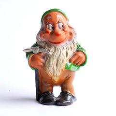 One of the seven dwarves, from a very fine and rare set of vintage 1930s ceramic Snow White And The Seven Dwarves, beautifully modelled on the animated Disney film first shown in December 1937. The figures are cold-painted terracotta and are in their original enamel paint, and were made around the time of the Disney film release.