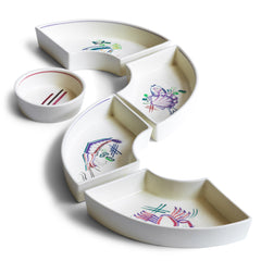 A very striking and rare mid century vintage Poole Pottery seafood hors d'oeuvre set consisting of five ceramic dishes that fit snugly into a circular wooden tray. Each crescent shaped dish is decorated with a hand painted pattern of a shrimp, a flatfish, a crab and a scallop - designed by Truda Carter and hand painted on Poole Pottery's alpine white glaze. Each piece is stamped to its underside "Handmade Hand Decorated Poole England", along with the paintress's mark.