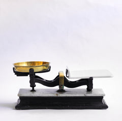 A super-large and very handsome set of Victorian butcher's scales with a marble top; cast iron mechanism; ironstone meat slab; brass weighing/weights bowl; and brass central handle - and it is complete with its full set of weights.