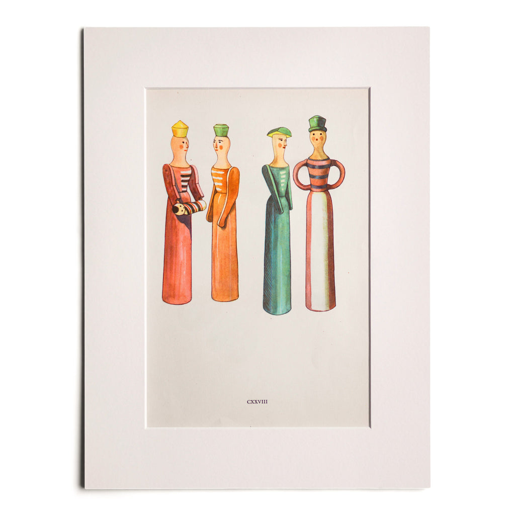 A beautifully illustrated study of Eastern European dolls from Czechoslovak “Folk Toys / Les Jouets Populaires”; an original hand-blocked print from a book by Emanuel Hercik containing illustrations by Emanuel Hercik and Oldrich Menhart of folk toys from around the world, printed in 1951.