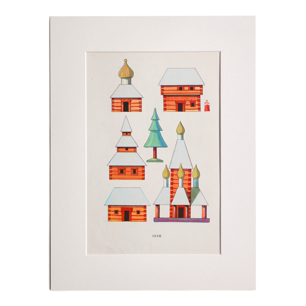 A beautifully illustrated study of model Eastern European chapels from Czechoslovak “Folk Toys / Les Jouets Populaires”; an original hand-blocked print from a book by Emanuel Hercik containing illustrations by Emanuel Hercik and Oldrich Menhart of folk toys from around the world, printed in 1951.