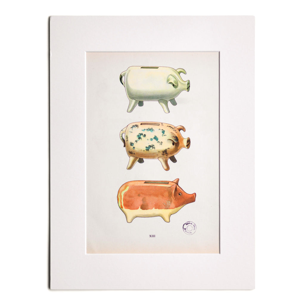 A charmingly illustrated study of piggy-bank pigs from the highly collectable Czechoslovak book “Folk Toys / Les Jouets Populaires”. This is an original hand-blocked print from a book by Emanuel Hercik containing illustrations by Emanuel Hercik and Oldrich Menhart of folk toys from around the world, printed in 1951.