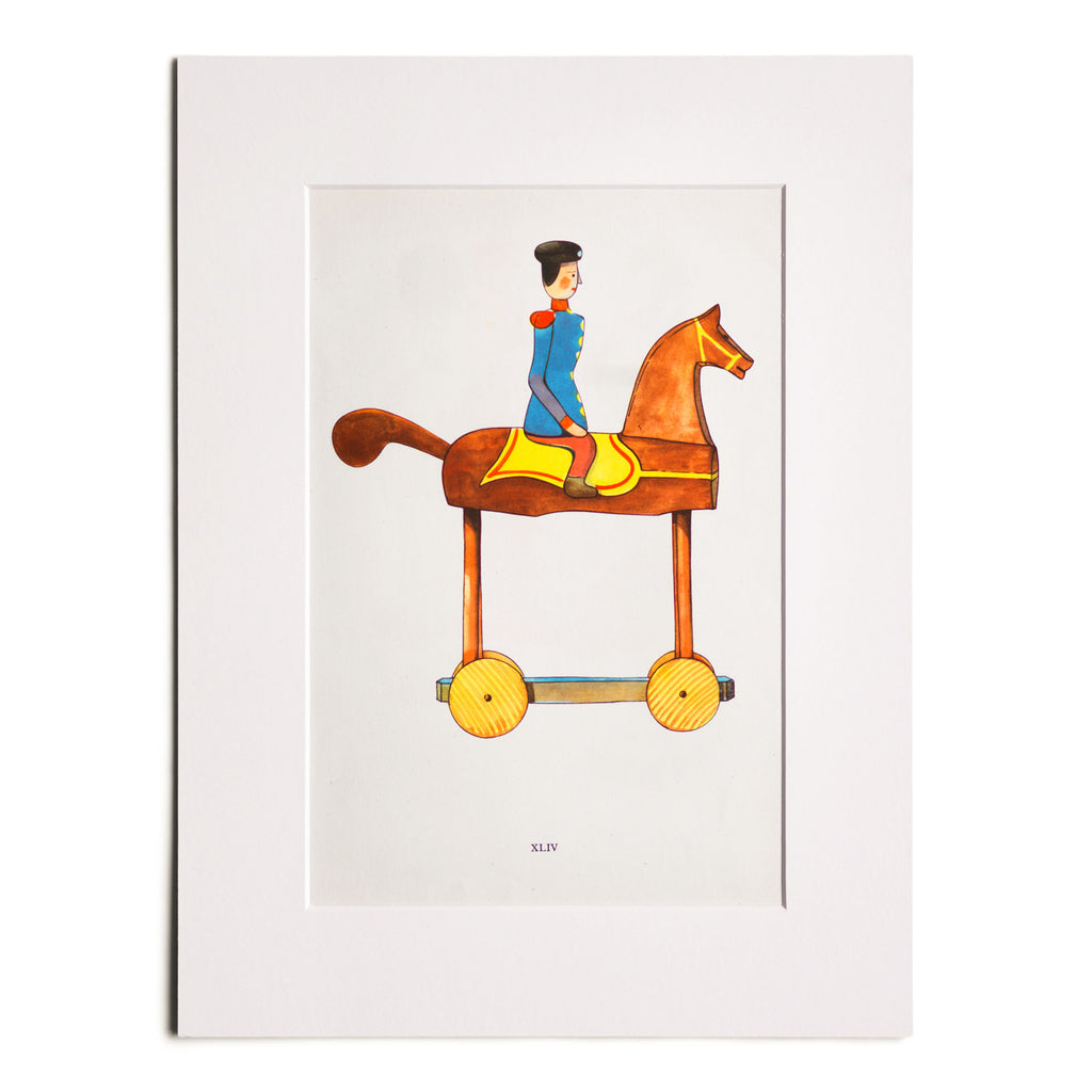 A beautifully illustrated study of an Eastern European toy horse with rider on wheels from Czechoslovak “Folk Toys / Les Jouets Populaires”.