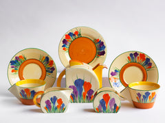 Clarice Cliff Autumn Crocus Stamford tea for two set with good, bright and bold paintwork. The underside is stamped "Crocus Hand painted Bizarre by Clarice Cliff Newport Pottery England",and it's a good early one, dating to 1930 / 1931.