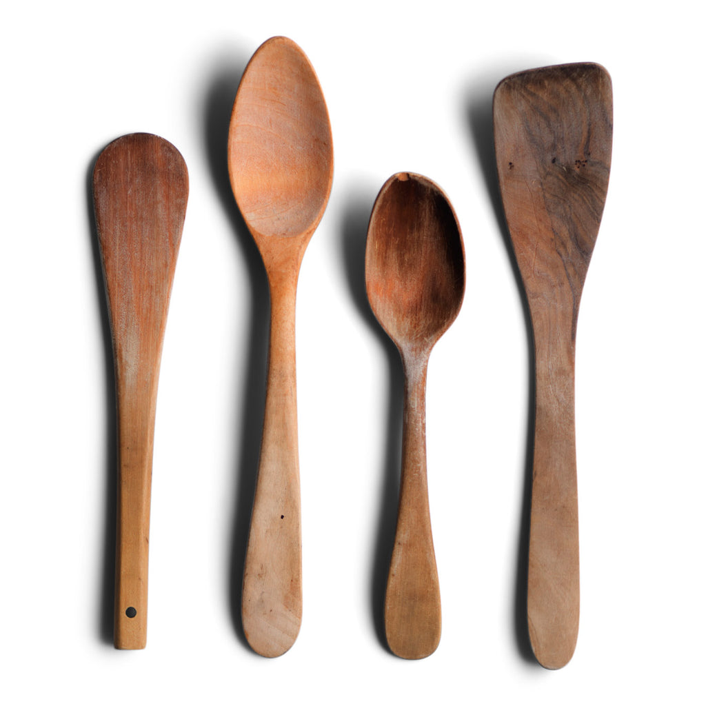 A collection of vintage wooden cooking spoons and spatulas that once belonged to Julia Lane, the wife of artist Howard Hodgkin.