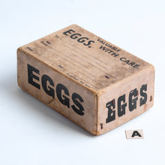 Part of a collection of charming 1940s World War II home front egg postal boxes. The lids, end panels and/or front panels are all stencilled "Eggs". They would have been used to post eggs from the farm to the customer during WWII.