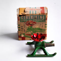 A 1930s 12/- "Gentribine" lawn sprinkler, "British Made" stamped into the iron base. The sprinkler is in full working order and only requires attaching to the end of a garden hose - once turned on, the water pressure causes the sprinkler to spin round, the jets watering the garden in an even circle.