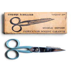 A fine pair of vintage French kitchen scissors designed to deal with the preparation of whole fish, one edge fashioned for de-scaling, and in their original box. As the box graphics advertise "Ciseaux Ecailleur", they do the job of fish scaling. 