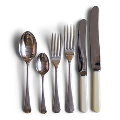 A good-looking silver plated 40 piece canteen of cutlery by Walker & Hall, Sheffield, c.1930, and in its original brown felt lined box.  The box's sections are each labelled: Table Knives; Cheese Knives; Table Forks; Dessert Forks; Dessert Spoons; Sugar Tongs; Tablespoons; Carvers; and Steel. The set is for 6 people.