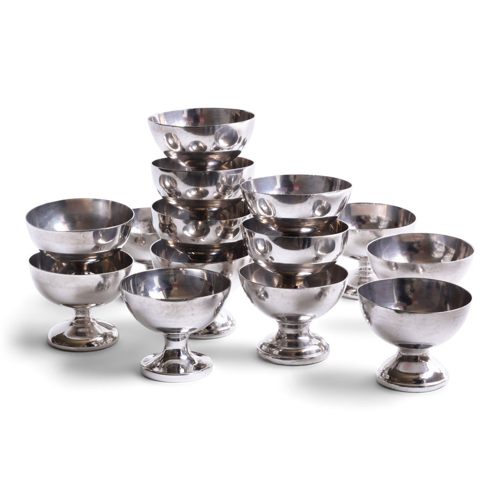 A collection of vintage silver plated ice cream coupes, some ex hotel and others ex officer's mess.