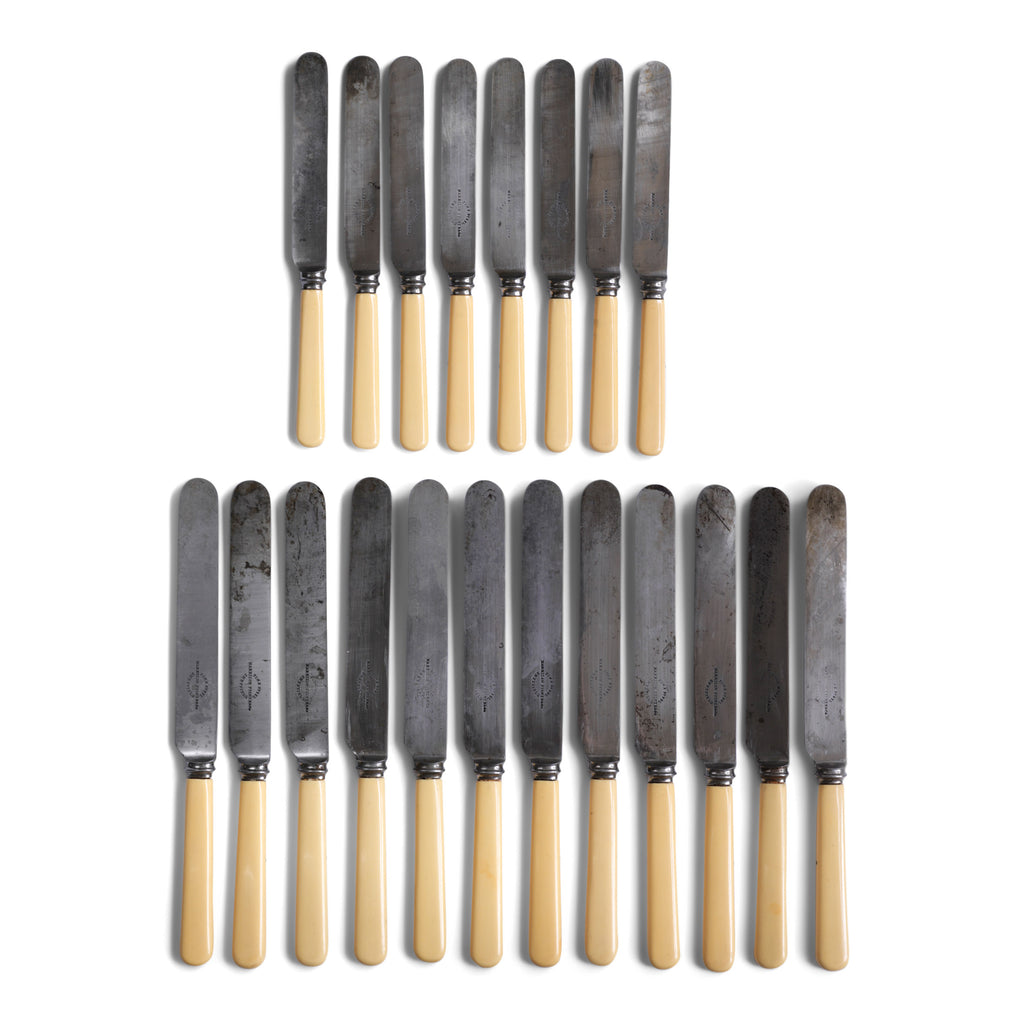 A good set of early twentieth century carbon steel blade flatware. Each blade marked "Fine steel Marrison Fisher & Co Sheffield". Carbon steel provides the best cutting blade, and the blades can also be sharpened.