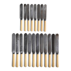 A good set of early twentieth century carbon steel blade flatware. Each blade marked "Fine steel Marrison Fisher & Co Sheffield". Carbon steel provides the best cutting blade, and the blades can also be sharpened.