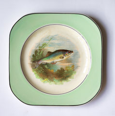 A fish pattern plate, and part of a glorious 1930s fish dinner service, complete with a large platter for serving a whole fish.  Each piece is embellished with a fresh water fish, such as pike, perch and trout, and contained within a mint-green border. Each item is stamped "Woods Ivory Ware England" to its underside.