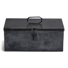 A wonderful 1940s heavy-duty metal work box in stripped steel; fitted with two internal square-shaped steel trays, carrying handle and a hasp for a padlock. Its uses are numerous, and extend from tool storage to artists paints and brushes, to the housing of household items such as scissors, measures and string.