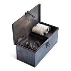 A wonderful 1940s heavy-duty metal work box in stripped steel; fitted with two internal square-shaped steel trays, carrying handle and a hasp for a padlock. Its uses are numerous, and extend from tool storage to artists paints and brushes, to the housing of household items such as scissors, measures and string.