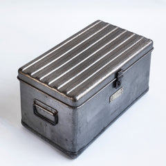 A very handsome 1940s military heavy-duty metal work box in stripped steel. The box is fitted with two internal rectangular steel trays; twin carrying handles and a hasp for a padlock. A very handsome 1940s military heavy-duty metal work box in stripped steel. The box is fitted with two internal rectangular steel trays; twin carrying handles and a hasp for a padlock.