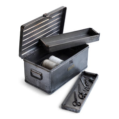 A very handsome 1940s military heavy-duty metal work box in stripped steel. The box is fitted with two internal rectangular steel trays; twin carrying handles and a hasp for a padlock.