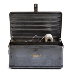 A very handsome 1940s military heavy-duty metal work box in stripped steel. The box is fitted with two internal rectangular steel trays; twin carrying handles and a hasp for a padlock.
