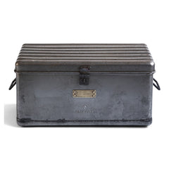 A very handsome 1940s military heavy-duty metal work box in stripped steel. The box is fitted with two internal rectangular steel trays; twin carrying handles and a hasp for a padlock.