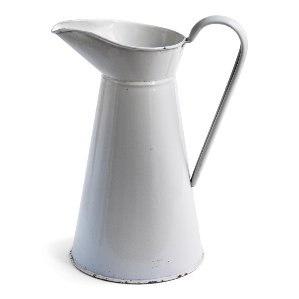 A good-looking large white enamel water jug stamped "E H & S Regina Lye" on its base. Would make a great indoor watering can for houseplants.