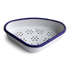A handy sink tidy in white enamel with a blue rim; its triangular shape so designed so that it can easily be accommodated in the corner of your sink or drainer.  Set him by your sink to hold all your scourers, scrubbers and bits and bobs.  Also very handy for the collection of waste and scraps as you wash up. Your sink's best friend.