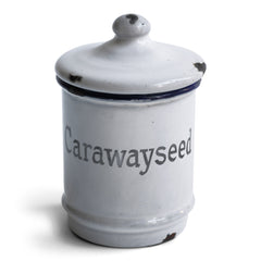 A rare and charming little enamel caraway seed canister with grey typeface, blue rim and original lid.  Year of manufacture: c.1930  Origin: England   Material: enamelware  Height: 10.5cm  Diameter: 7cm