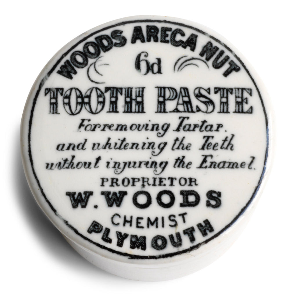 We have sourced a small collection of Victorian chemist's tooth paste pots with lids.  Each lid is exquisitely designed and bears all of the proprietor's information in black and white: "Woods Areca Nut 6d Tooth Paste - For removing Tartar and whitening the Teeth without injuring the Enamel. Propretor W. Woods Chemisy Plymouth"