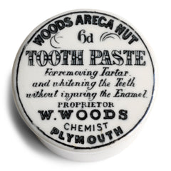 We have sourced a small collection of Victorian chemist's tooth paste pots with lids.  Each lid is exquisitely designed and bears all of the proprietor's information in black and white: "Woods Areca Nut 6d Tooth Paste - For removing Tartar and whitening the Teeth without injuring the Enamel. Propretor W. Woods Chemisy Plymouth"