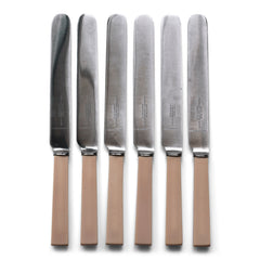 A set of 6 table knives, each blade marked "Richard Mather & Son Est 1859".