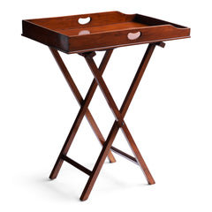 An excellent condition late 19th century mahogany butler's tray with shaped gallery and pierced hand holds, raised on folding squared legs. The rectangular tray has good dovetail corners, raised sides and handle-holds to the long sides, with a down-swept lower edge to one end. The folding stand with square section legs is joined by webbing straps.  Restored and repolished, and with new webbing applied.