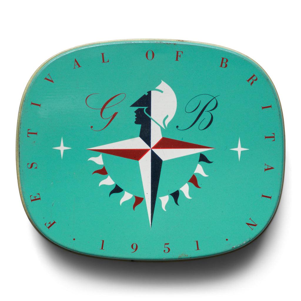A 1951 Festival of Britain souvenir tin. The lid is decorated with the iconic festival logo, designed by Abram Graham, and was possibly sold containing sweets or tobacco. Graham's designs for the Festival of Britain incorporated heraldic imagery and angular geometry to create a modern portrait of the national character. This emblem featured on posters, leaflets, catalogues, and souvenirs - such as this wonderful tin; and helped to create what would become known as 'Festival Style'.