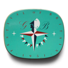 A 1951 Festival of Britain souvenir tin. The lid is decorated with the iconic festival logo, designed by Abram Graham, and was possibly sold containing sweets or tobacco. Graham's designs for the Festival of Britain incorporated heraldic imagery and angular geometry to create a modern portrait of the national character. This emblem featured on posters, leaflets, catalogues, and souvenirs - such as this wonderful tin; and helped to create what would become known as 'Festival Style'.