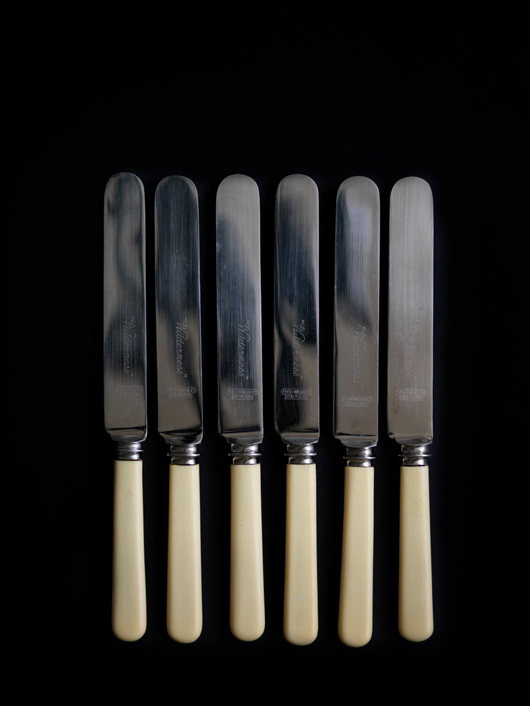 Set of 6 vintage Wilderness knives with ivorine handles and stainless steel blades