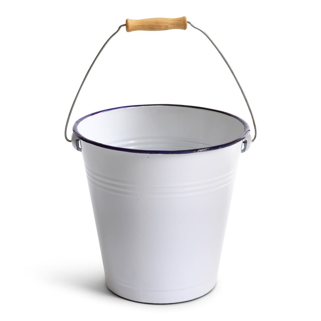 Our enamel bucket is made from thick gauge steel and is coated in white enamel with a blue enamelled rim.  It is just-the-job for all your mopping-up chores and also doubles-up as a useful kitchen waste bin. It also makes the perfect office waste-paper bin or Christmas tree bucket. A good bucket is a highly useful friend - and this one has all the good-looks too.