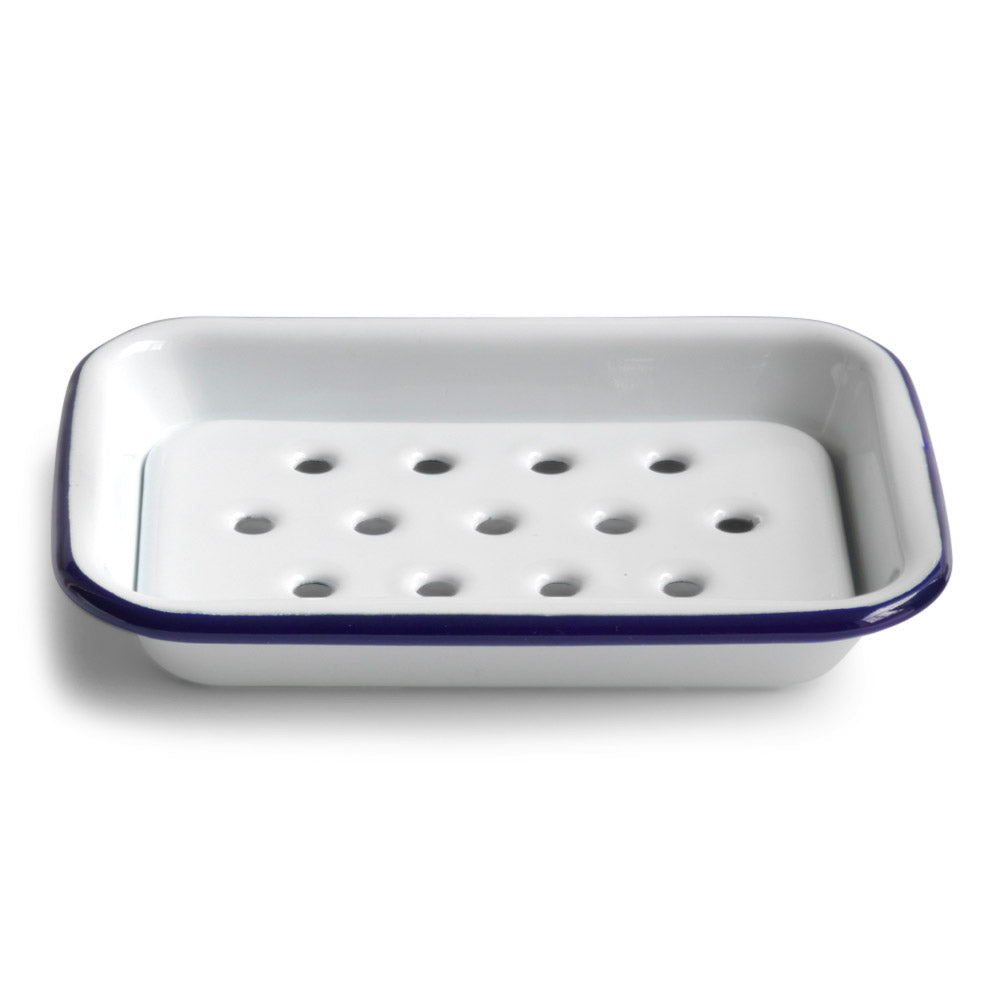 Our blue-rimmed white enamel soap dish is a must for any scullery, kitchen or water closet - and it has a removable drainage tray, which is essential for keeping the soap dry.