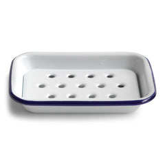 Our blue-rimmed white enamel soap dish is a must for any scullery, kitchen or water closet - and it has a removable drainage tray, which is essential for keeping the soap dry.