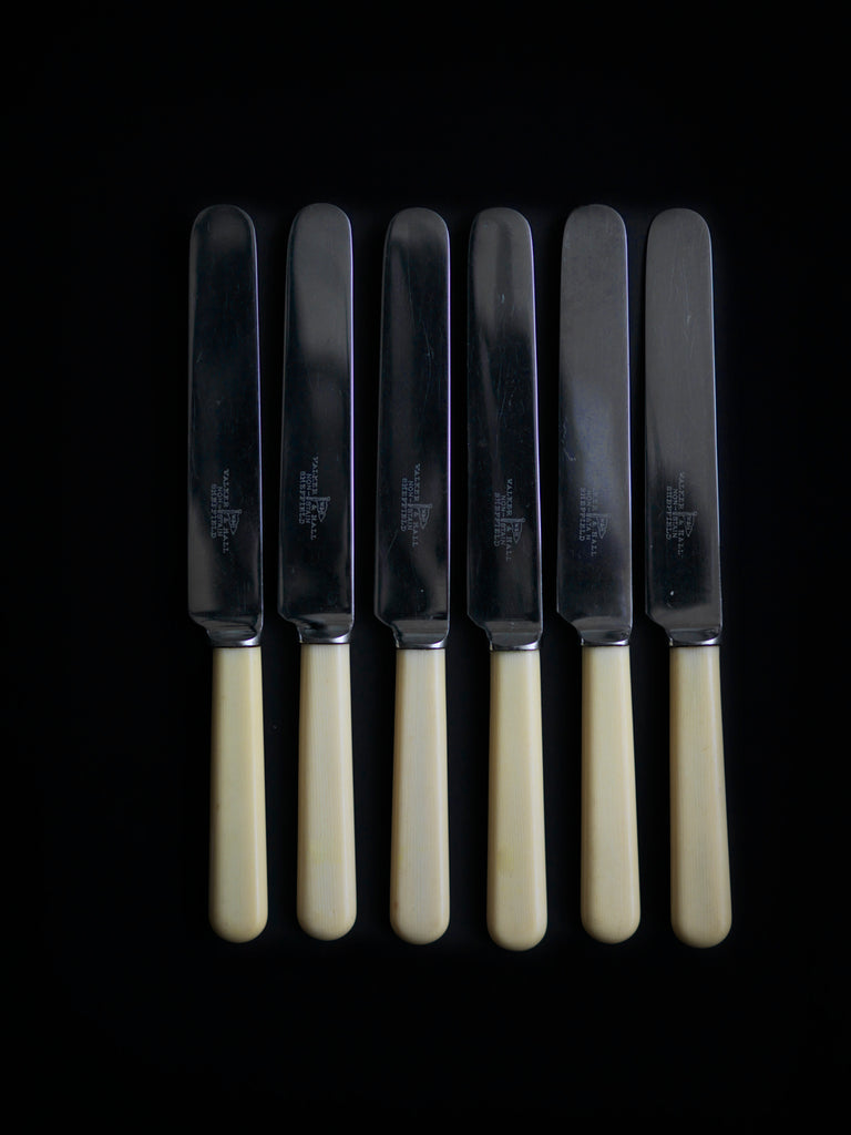 Set of 6 vintage Walker & Hall knives with ivorine bone handles and stainless steel blades