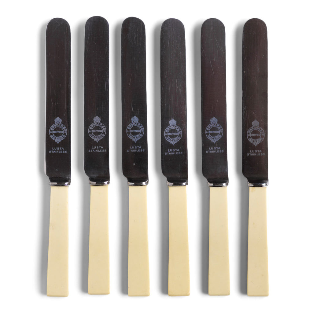 A good set of 6 square-ended 1930s knives, each blade marked "E. Birmingham & Co Sheffield".