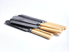 A very good set of early twentieth century carbon steel blade flatware. Each blade thread is pinned through the handle and is marked "Fine steel Marrison Fisher & Co Sheffield". Carbon steel provides the best cutting edge, and the blades can also be sharpened.