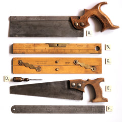 A. Saw by "W Kent Sheffield": £45 Length 37cm Width 12.5cm  B. Carpenter's combined spirit level and inch rule: £45 L31cm W3.5cm Thickness 1cm  C. Draughtsman's parallel rule with brass hinges and imprinted with "Universal Wood Working Co Ltd Made in England - Warranted Best Box": £58 Length 31cm Width 5.5cm Thickness 0.5cm  D. Screwdriver with turned wood handle: £12 Length 10.5cm  E. Small hand saw: £38 Length 34cm Width 8.5cm  F. 12" steel rule: £18 Length 32.5cm Width 3cm