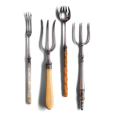 A collection of antique pickle, chutney and bread forks and spoons, all with Stirling silver mounts and silver plated tines.