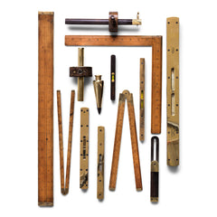 A wonderful collection of handmade 1930s vintage and antique brass bound carpenter's tools by Chesterman, Rabone & Sons of Birmingham, and Preston & Sons of Sheffield; including marking and mortice gauges, plumb bobs, hinged and extending rules, rulers, and brass plated spirit levels. All in excellent condition, with beautiful patina and in good working order.