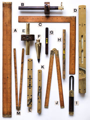 A wonderful collection of handmade 1930s vintage and antique brass bound carpenter's tools by Chesterman, Rabone & Sons of Birmingham, and Preston & Sons of Sheffield; including marking and mortice gauges, plumb bobs, hinged and extending rules, rulers, and brass plated spirit levels. All in excellent condition, with beautiful patina and in good working order.