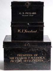 Three beautifully proportioned sign-written document tins with their original lettering and black paint finish. Our tins once held important wills, papers and effects of the deceased, and were unearthed from the vaults of a vacated Clerkenwell solicitors Victorian offices. The trunk-sized picture settlements tin is of special interest, as it once belonged to the original owner of Leonardo da Vinci’s Salvator Mundi - the most expensive art work ever sold.
