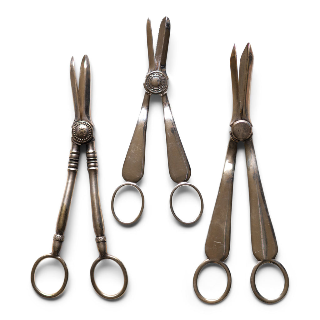 Three pairs of elegant antique silver-plated grape scissors.