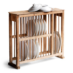 A good sized Edwardian country house scrubbed pine plate draining rack which can either be surface stood or wall mounted. Beautifully constructed, it is fitted with full-length plate dividing spindles. Pots and bowls can be put to drain on its top shelf, and it accommodates modern-day large dinner plates comfortably.